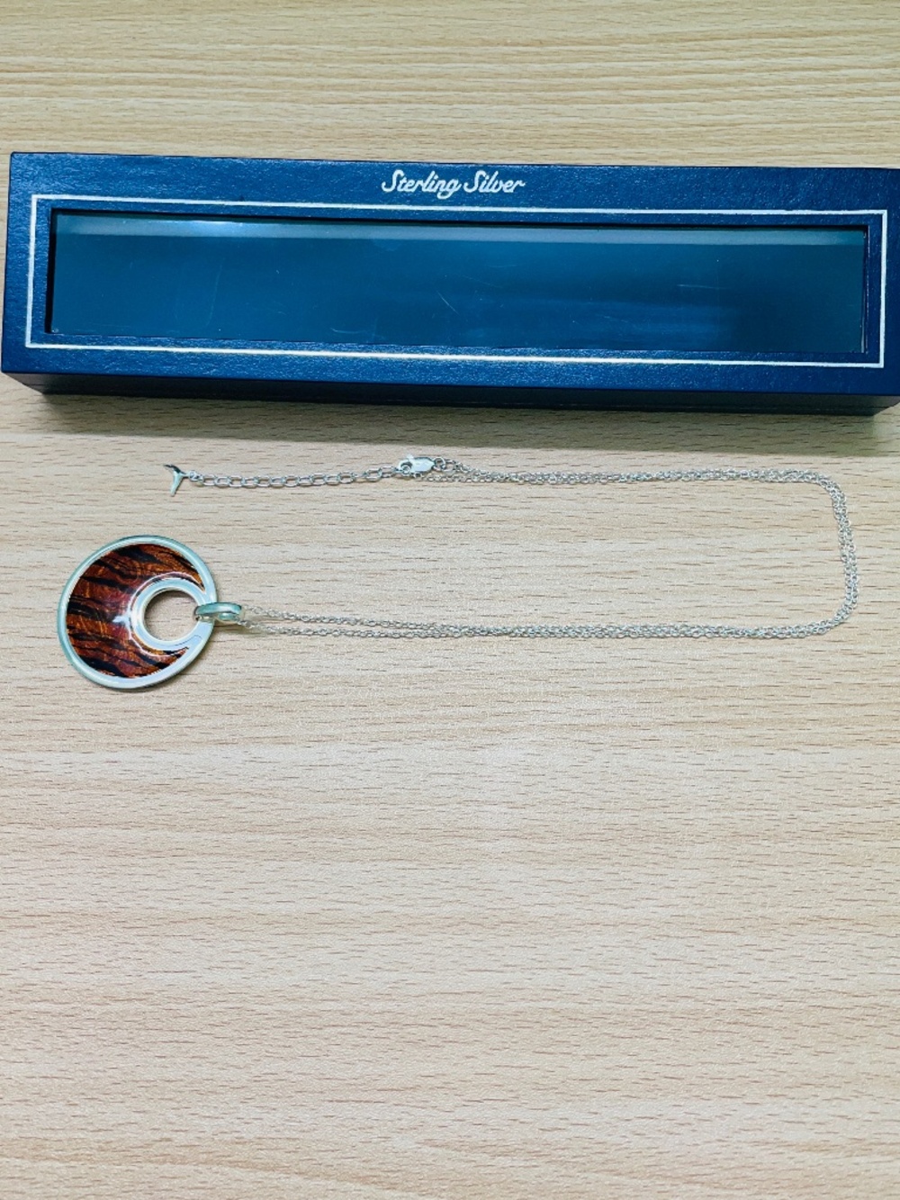 Vintage 925 Sterling Silver Tiger Stripe Enamel Pendant Necklace Dolphin Tag